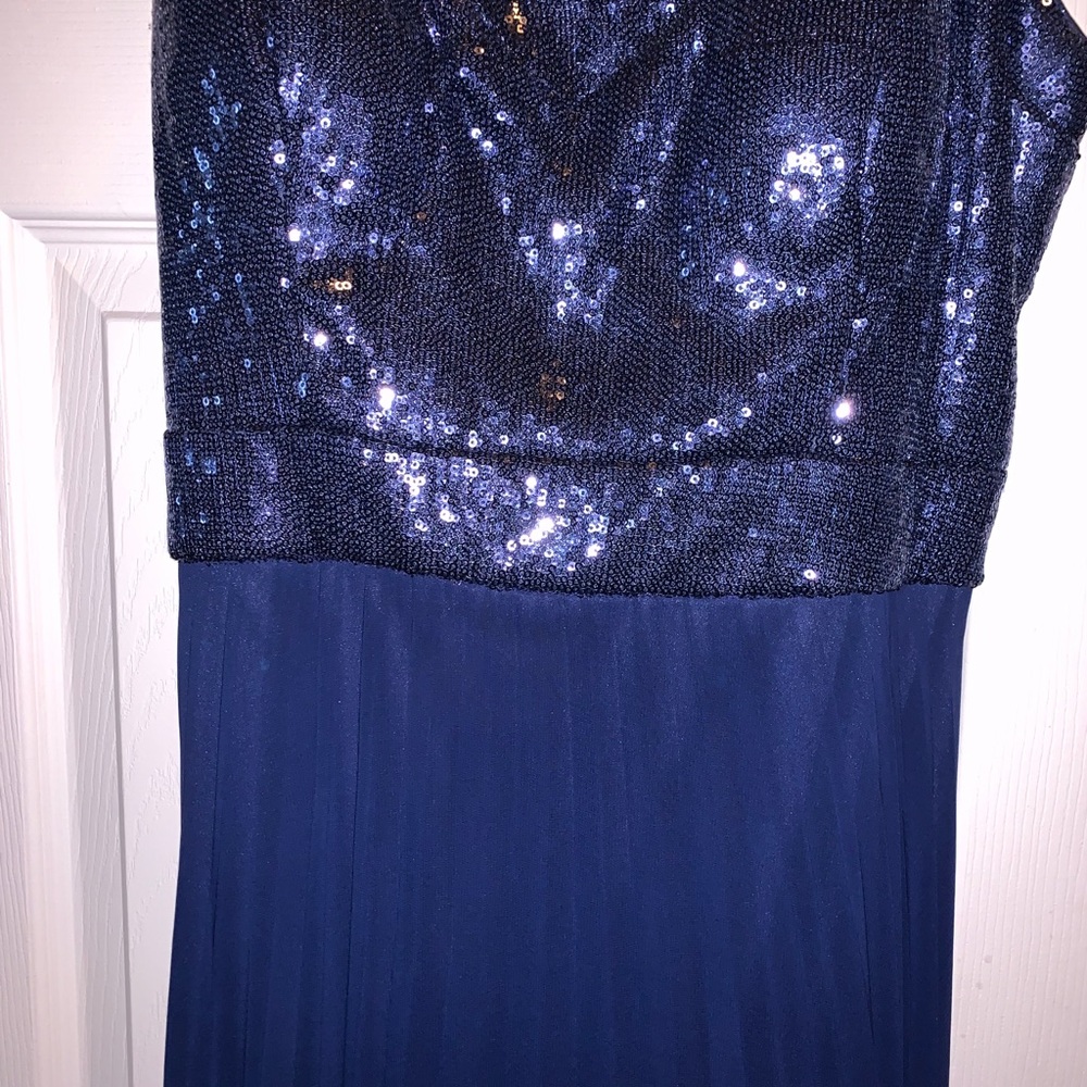 Navy sequin and sheer formal gown